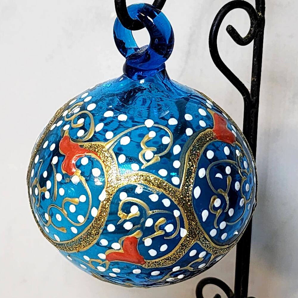 Beautiful Blue Blown Glass Christmas Ornament with Accents of Gold-Red-White